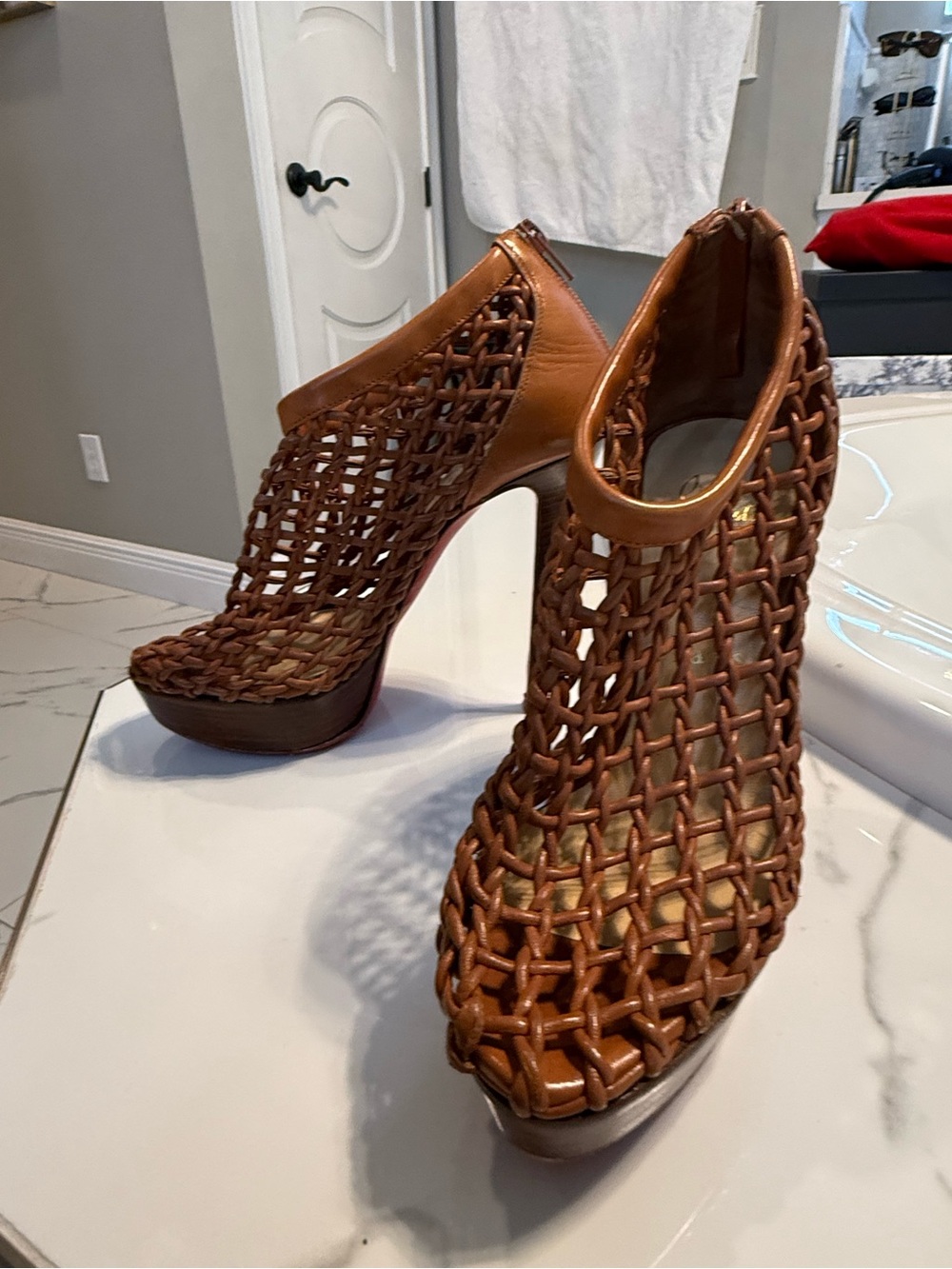 Christian Louboutin Woven Peep-Toe High Heel Booties - Brown